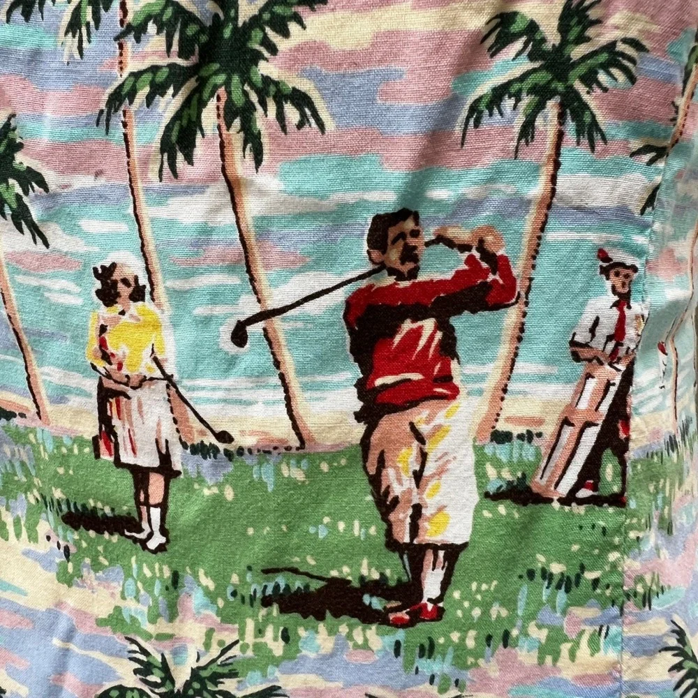 Vtg Reyn Spooner Dress Art of Eddy Y Golf Novelty Woodie Label Collectible Small